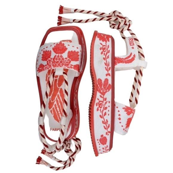FARM RIO Red Embroidery Cross Stitch Flatform Ankle Lace Up Sandals NEW $285 - Picture 1 of 16